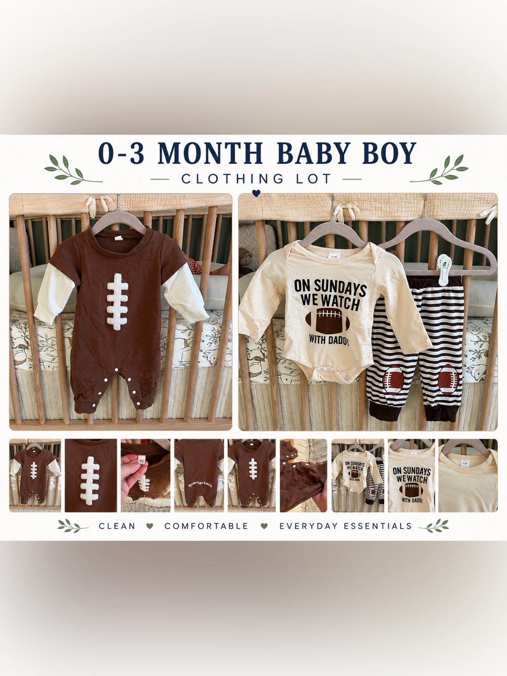 Unbranded Kids Football Themed One-Piece Bodysuit and Matching Set Brown & Cream